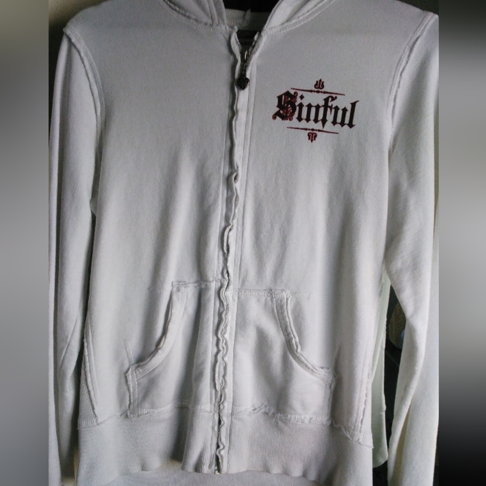 Sinful Rare Rhinestone Wings White Cotton Hoodie - Picture 3 of 10